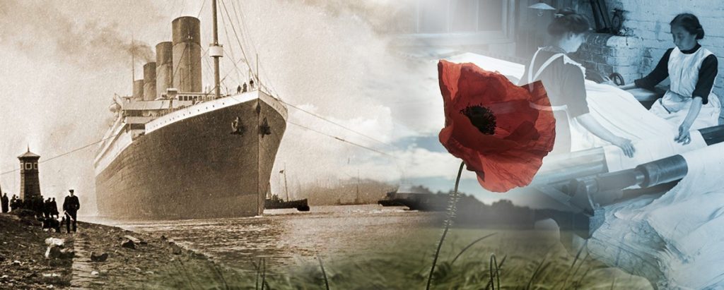 Image composite of titanic, a poppy and some victorian mill workers