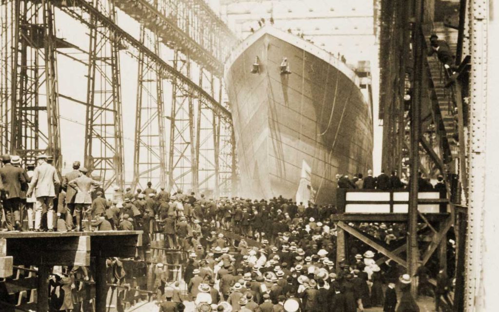 Historical photograph of the launch of The Titanic from Belfast, May 1911