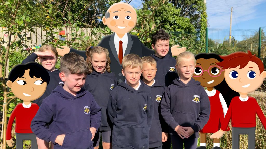 Children of Derryboy Primary School pictures with some of the characters from Ballybarnock
