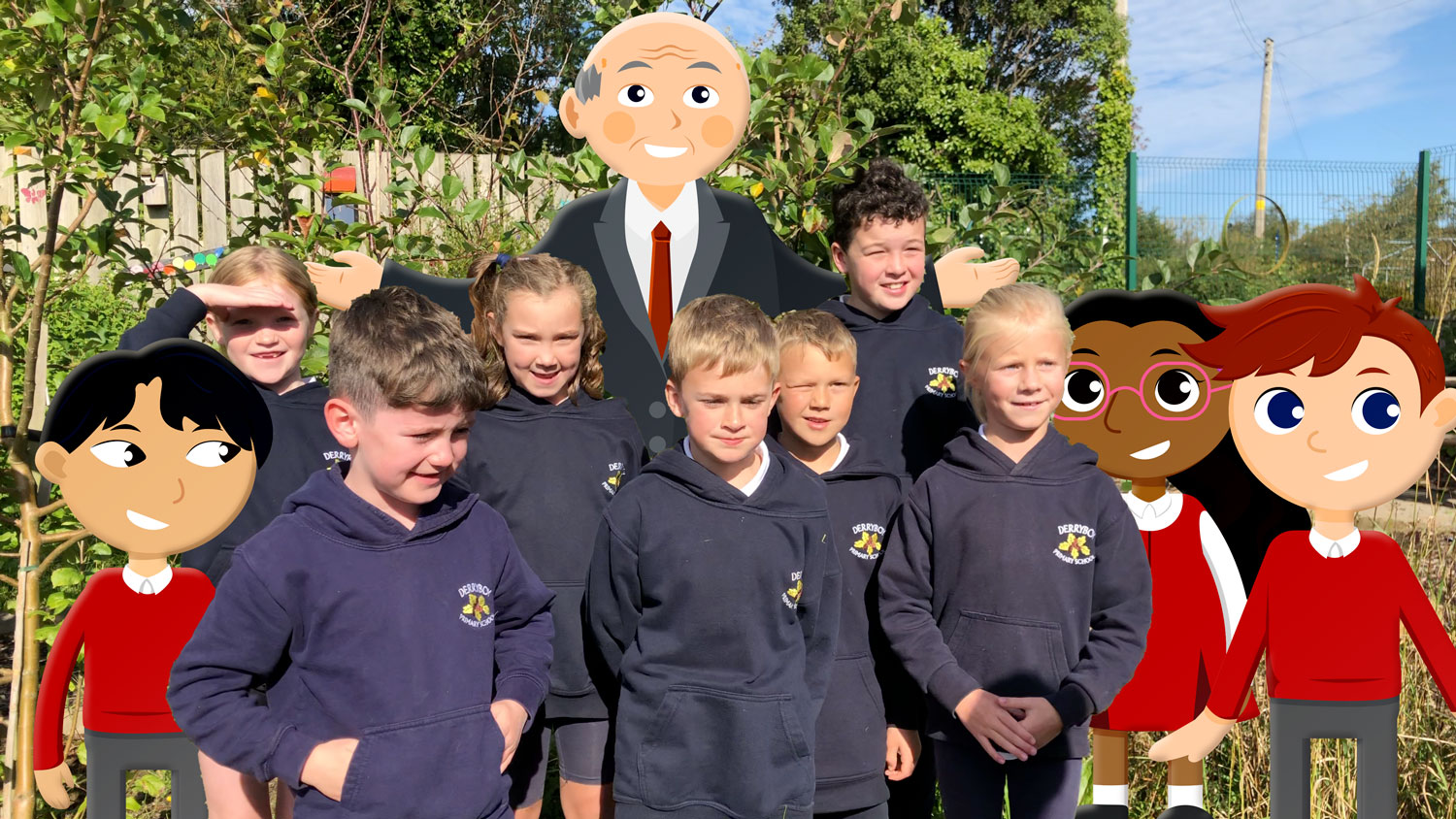 Children of Derryboy Primary School pictures with some of the characters from Ballybarnock