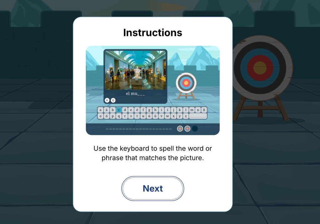 The instructions panel from Archery Spelling. A white panel with an image from the activity and the following text: Use the keyboard to spell the word or phrase that matches the picture.